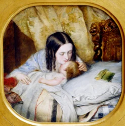 The night kiss. A mother kisses her baby, who has just fallen asleep. Painting by Edward Hughes (1832 - 1908), 20th century. Lyon, Musée des Beaux-Arts