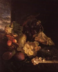 A Still Life with a Basket of Fruit and a Bird