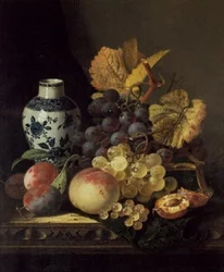 Grapes, Peaches, Plums and Currants with a Blue and White Vase