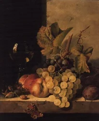 Grapes, Peaches and a Wine Glass on a Ledge