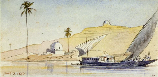 A large Egyptian fellucca on the Nile, in front of the steep banks, with a palm tree and two white marabouts, which accentuate the desert aspect of the landscape