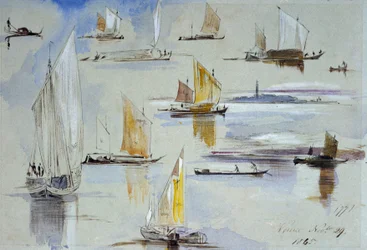 Studies of Venetian Boats, with Annotations. Painting by Edward Lear