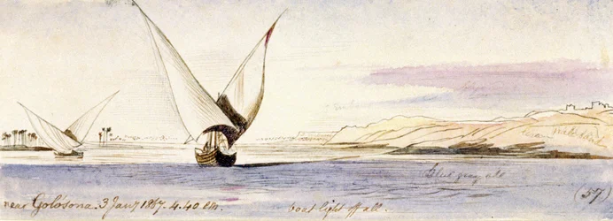View of the Nile near Golosona (Egypt), with a traditional Egyptian boat sailing