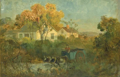 The Drinking Pool Man in Cart with Oxen at Pool