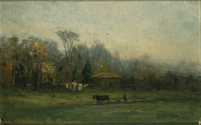Untitled (landscape with man plowing fields)