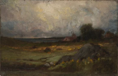 Landscape with Rock in Foreground and Roof with Steeple, Lake in Background