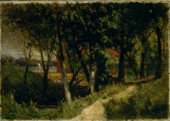 Untitled landscape, forest scene with red fence and building, 1893