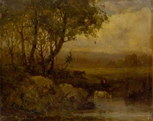 Untitled landscape, riverbank, three cows