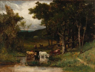 Untitled landscape with cows in stream near trees