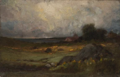Untitled Landscape with Rock in Foreground and Roof with Steeple, Lake in Background