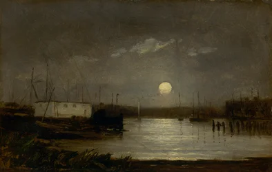 Untitled Moon Over a Harbor, Wharf Scene with Full Moon and Masts of Boats