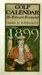 Golfer seated by clubs, drawing in watercolours by Edward Penfield