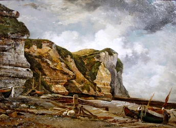 Rocks at low water with West Falaise (Etretat cliffs and boats)