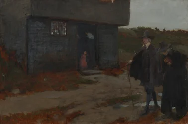 At the Cottage Door (17th Century New England Scene)