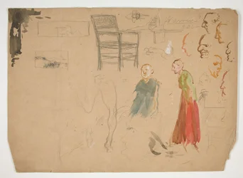 Head and Figure Studies, and Study of a Chair (recto); Sketches for Book Illustrations (verso)