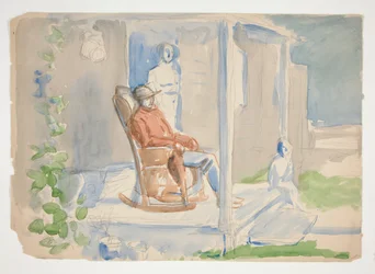 Man in rocking chair on front porch with his wife and child - unidentified illustration