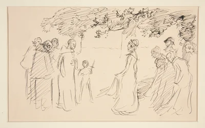 People in Medieval Dress, Outside - Unidentified Illustration