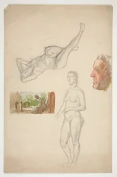 Sheet of Sketches: Two Nude Females, Profile of a Man, Figure Seated in an Interior