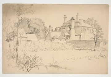 Sketch of an Exterior: Garden, Wall and Large Victorian House