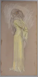 Study, Woman in Yellow Dress with Brown Veil Over Face