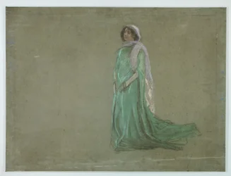 Study, woman in long green dress, pink scarf