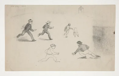 Three Studies (men with horses, study of head) (recto); Six Studies of Running Figures, Study of a Bell Tower (verso)