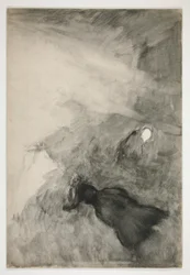 Woman reading, figure looking on (unidentified illustration)
