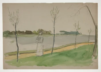 Woman Strolling Along a Riverbank