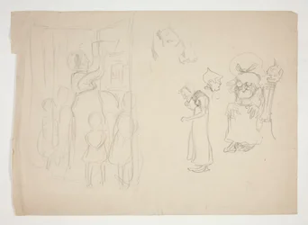 Woman with Children and Cartoon - Unidentified Illustration