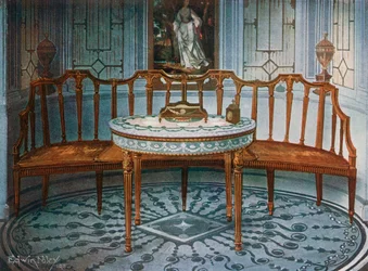 Carved Satinwood Barback Settee. Painted and Gilt Table