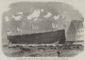 Our Ironclad Fleet, Launch of the Royal Alfred Screw-Frigate at Portsmouth, on Saturday Last