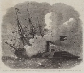 The Civil War in America, Naval Engagement in Hampton Roads, the Confederate Iron-Plated Steamer Merrimac (or Virginia) running into the Federal Sloop Cumberland