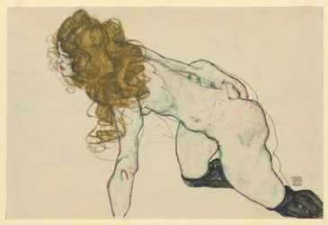 Crouching Female Nude with Blonde Hair and Resting Left Arm