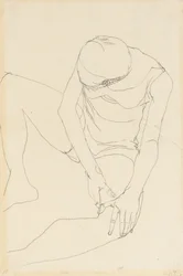 Female nude bent forward, both hands on the left thigh, 1913