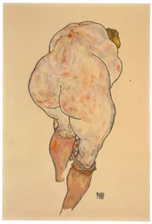 Female nude pulling up stockings, rear view, 1918