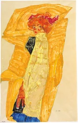 Gerti in front of Ochre-Colored Drapery
