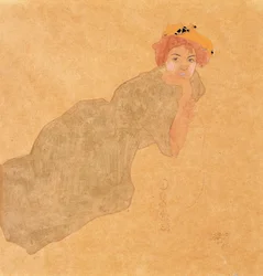 Girl in Olive Coloured Dress with Propped Arm