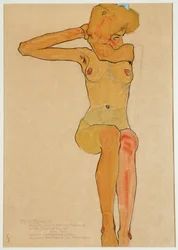 Seated female nude with raised right arm