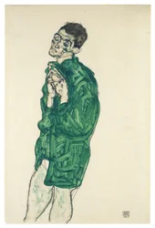 Self-portrait in green shirt with eyes closed