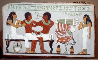 Egyptian antiquity: burial stele painted limestone depicting the family of Amenemhet