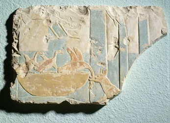 Relief depicting a raid by a dog-like animal on a birds nest, from the funerary temple of King Montuhotep II