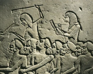 A group of Black prisoners surrounded by guards armed with clubs while a scribe draws up a report. Relief from the tomb of Horemheb at Saqqara, detail
