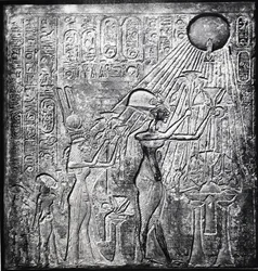 Akhenaten (Amenhotep IV) heretic pharaoh, reigned from c150 BC, here with Nefertiti and their two daughters offering gifts to the Sun. Relief originally in Temple of Sun, Thebes