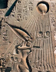 Ancient Egyptian Antiquity: Bas Relief Depicting Amenophis IV (Akhenaten or Amenhotep) (1352-1338 BC) and His Family Paying Homage to the God Aten. (Detail)