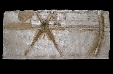 Carved and Painted Limestone Block with Depiction of a Chariot Wheel, 1353-35 BC