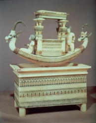 Chest with a boat decorated with two heads of a Syrian ibex and two female figures thought to be Princess Mutnedjmet, from the tomb of Tutankhamun