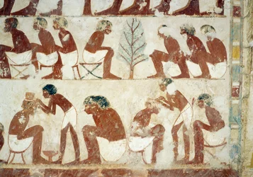 Cutting of the soldiers hair, fresco, south wall, west transverse chamber, Tomb of Userhat, tutor and scribe during the reign of Amenhotep II, also known as tomb TT56, Sheikh Abd el-Qurna, Thebes