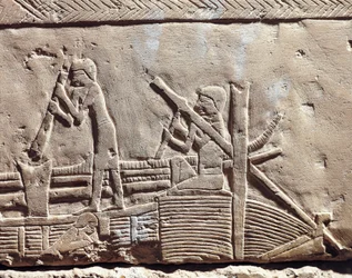 Ancient Memphis, Necropolis of Saqqara. Mastaba of Ipi. Relief Portraying Carpenters Repairing Boat. (New Kingdom, Dynasty XVIII)