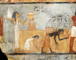 Egypt, Thebes, Tomb of Unsu, Woman bringing food to workers in fields, wall painting