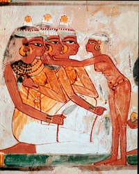 Tomb of Nakht. Toilet: maid helping three women holding lotus flowers to put on jewelry before the funeral banquet